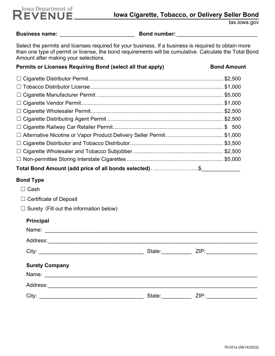 Form 70-031 Iowa Cigarette, Tobacco, or Delivery Seller Bond - Iowa, Page 1