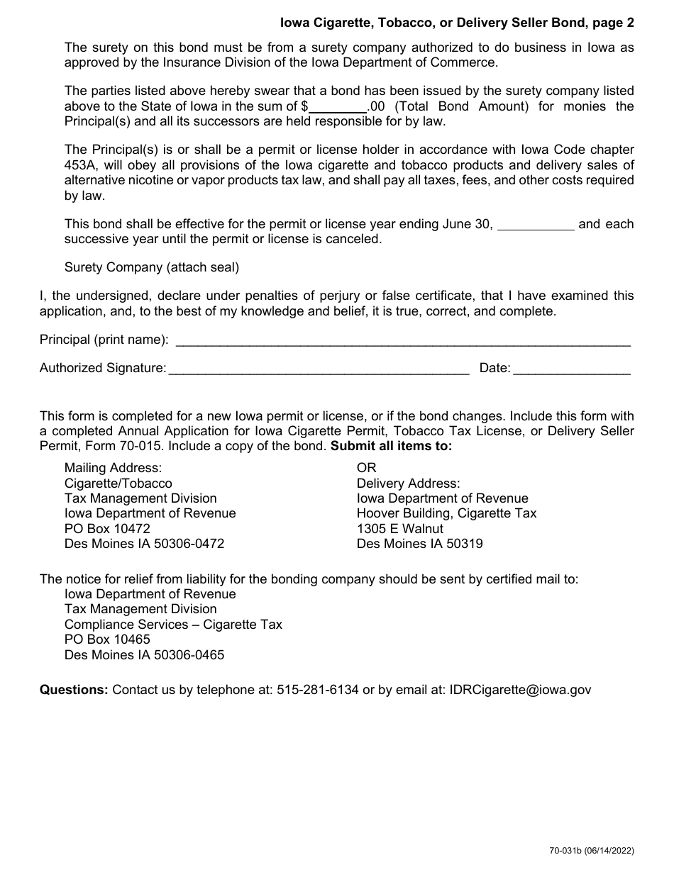 Form 70-031 Iowa Cigarette, Tobacco, or Delivery Seller Bond - Iowa, Page 2