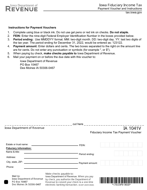 Form IA1041V (63-007) Fiduciary Income Tax Payment Voucher - Iowa