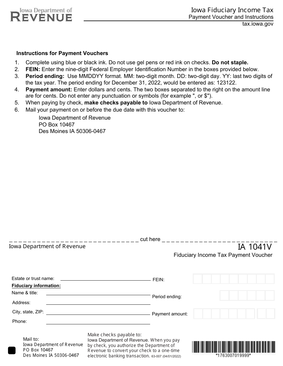 Form IA1041V (63007) Download Fillable PDF or Fill Online Fiduciary