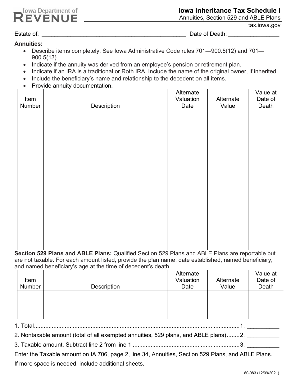 Form 60-083 Schedule I Iowa Inheritance Tax - Annuities, Section 529 and Able Plans - Iowa, Page 1