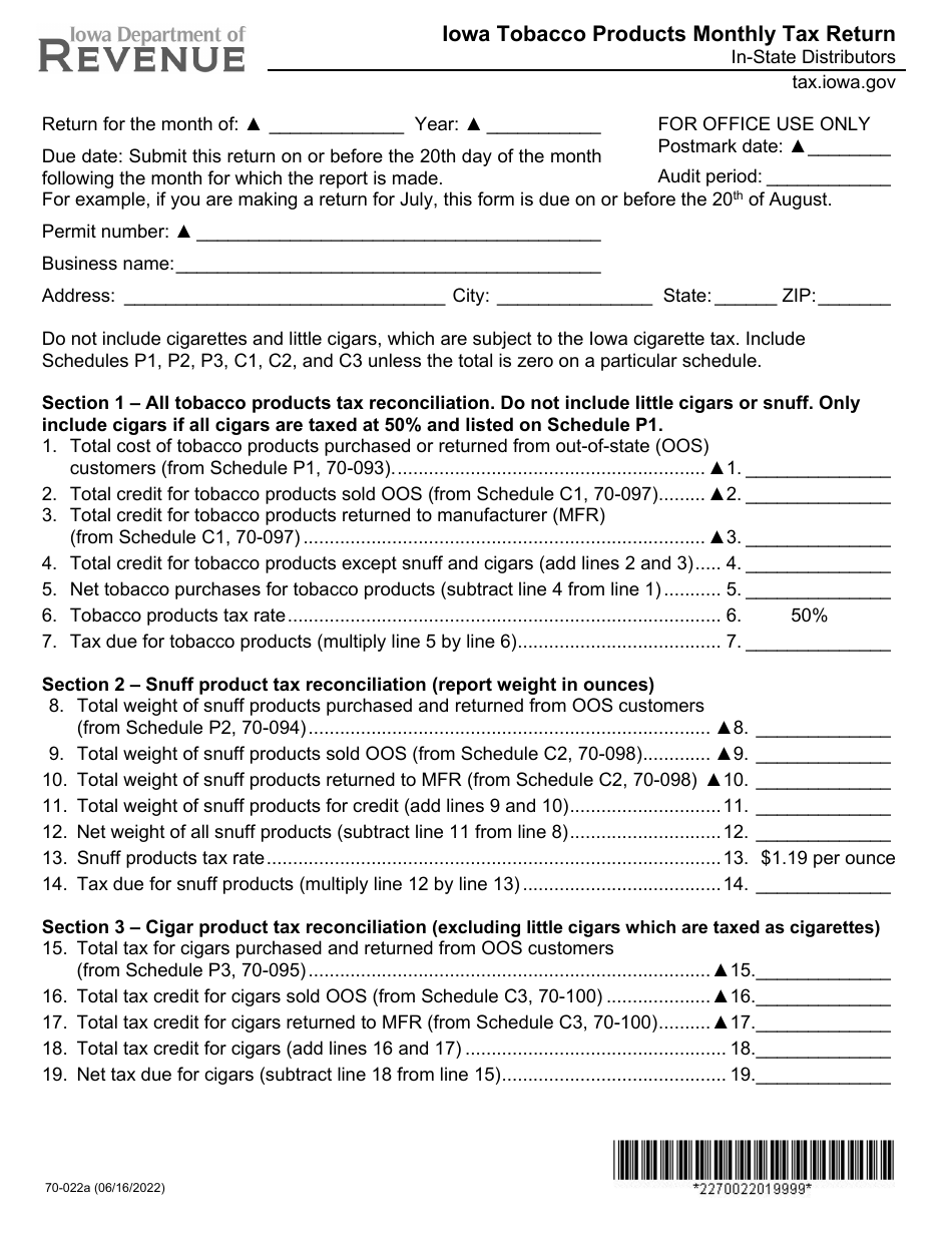 Form 70-022 Iowa Tobacco Products Monthly Tax Return for in-State Distributors - Iowa, Page 1