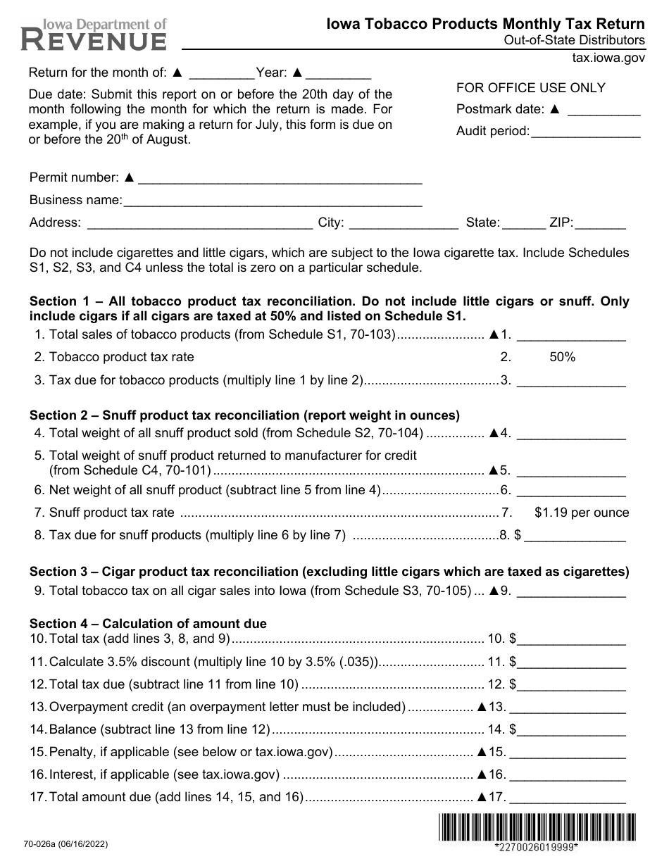 Form 70-026 Iowa Tobacco Products Monthly Tax Return for Out-of-State Distributors - Iowa, Page 1