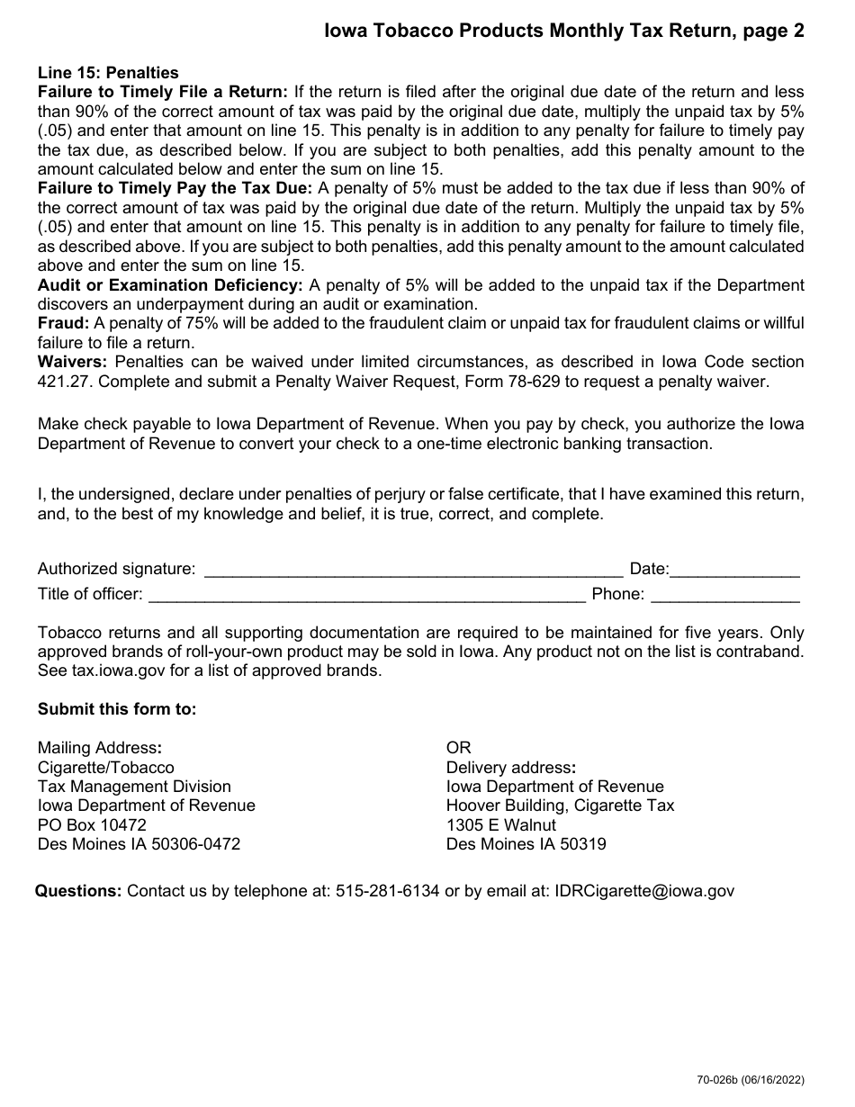 Form 70-026 Iowa Tobacco Products Monthly Tax Return for Out-of-State Distributors - Iowa, Page 2