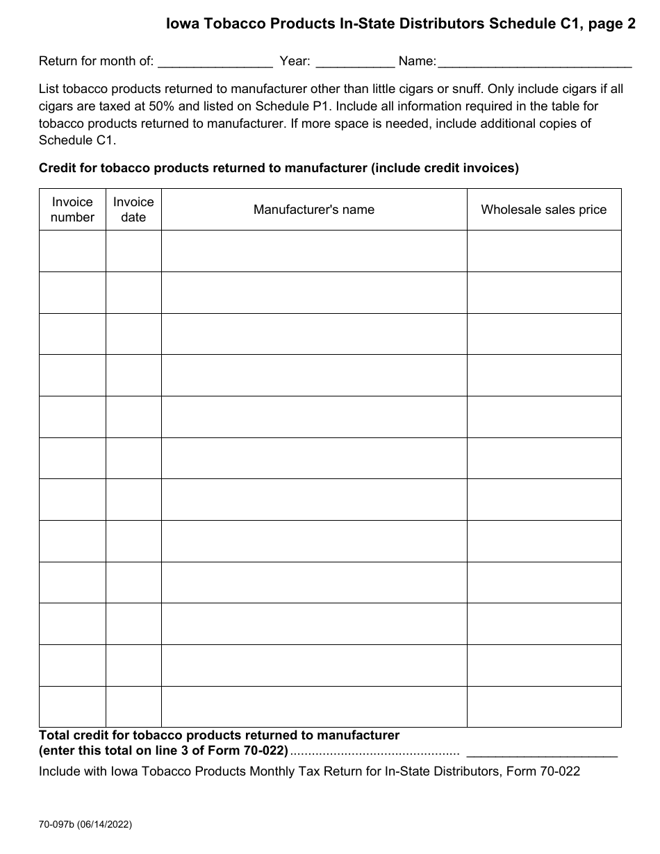 Form 70-097 Schedule C1 Iowa Tobacco Products in-State Distributors - Credit for Tobacco Products - Iowa, Page 2