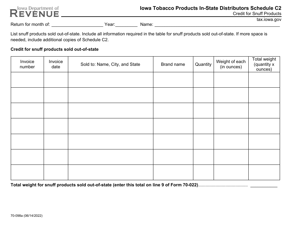 Form 70-098 Schedule C2 Iowa Tobacco Products in-State Distributors - Credit for Snuff Products - Iowa, Page 1