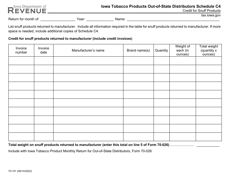 Form 70-101 Schedule C4 Iowa Tobacco Products Out-of-State Distributors - Credit for Snuff Products - Iowa, Page 1