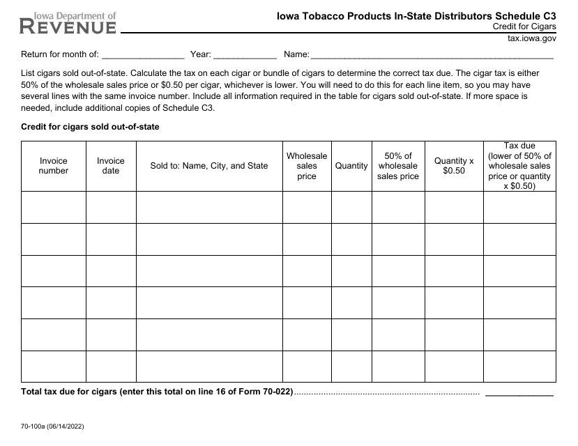 Form 70-100 Schedule C3 Iowa Tobacco Products in-State Distributors - Credit for Cigars - Iowa