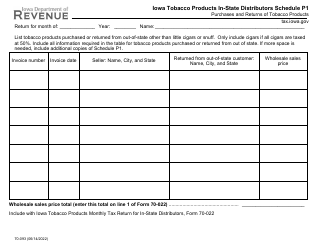 Document preview: Form 70-093 Schedule P1 Iowa Tobacco Products in-State Distributors - Purchases and Returns of Tobacco Products - Iowa