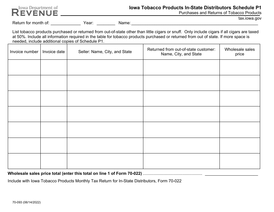 Form 70-093 Schedule P1 Iowa Tobacco Products in-State Distributors - Purchases and Returns of Tobacco Products - Iowa, Page 1