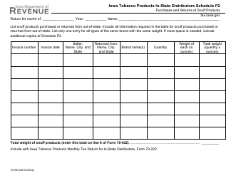Document preview: Form 70-094 Schedule P2 Iowa Tobacco Products in-State Distributors - Purchases and Returns of Snuff Products - Iowa