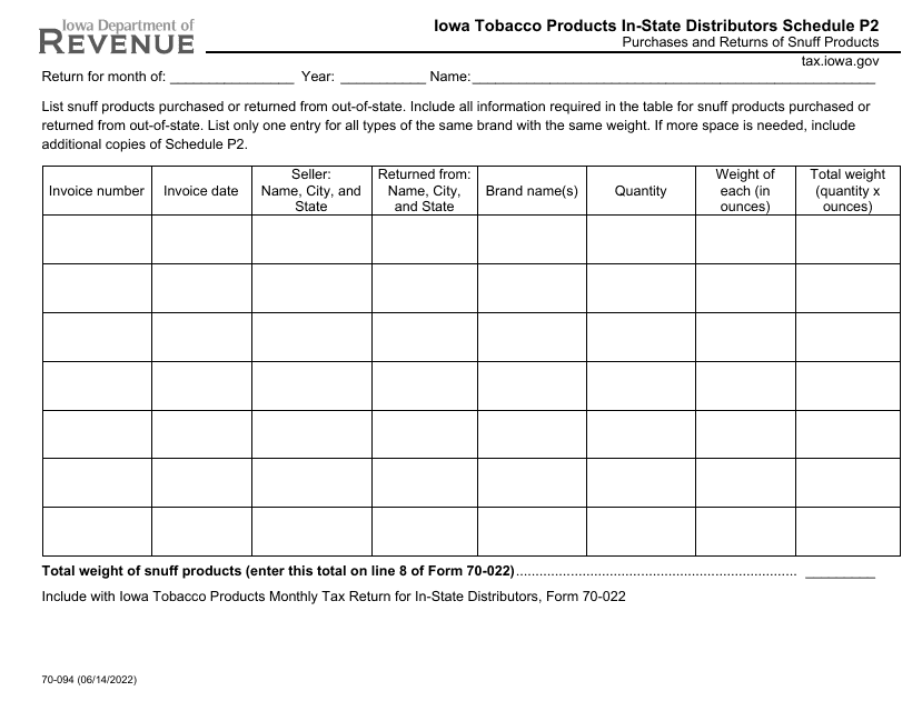 Form 70-094 Schedule P2 Iowa Tobacco Products in-State Distributors - Purchases and Returns of Snuff Products - Iowa