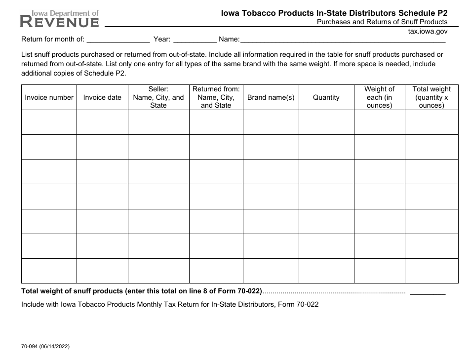 Form 70-094 Schedule P2 Iowa Tobacco Products in-State Distributors - Purchases and Returns of Snuff Products - Iowa, Page 1