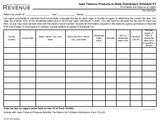 Document preview: Form 70-095 Schedule P3 Iowa Tobacco Products - Purchases & Returns of Cigars - Iowa