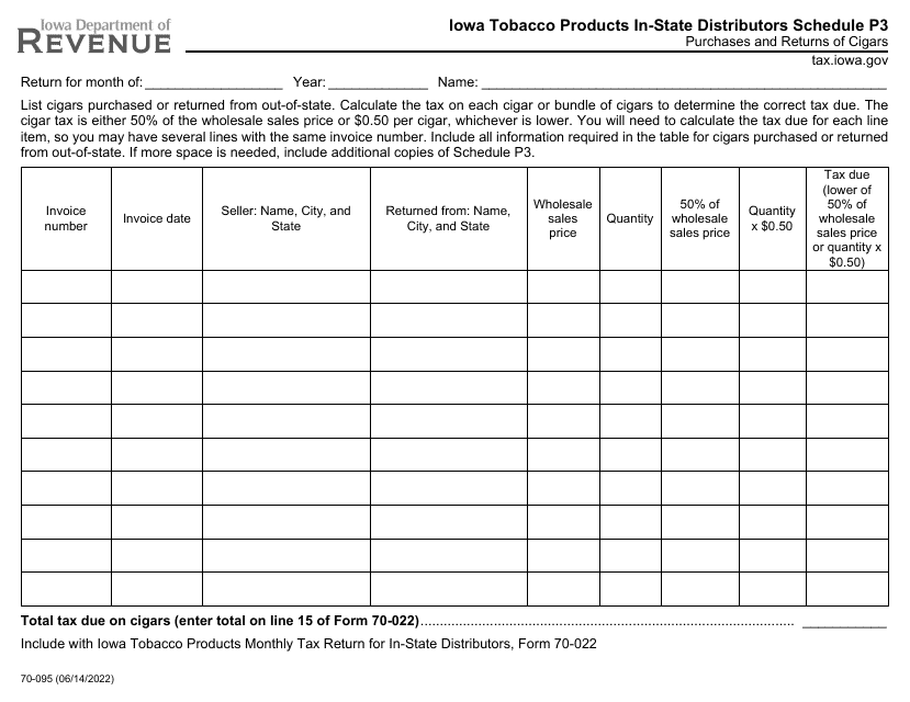 Form 70-095 Schedule P3 Iowa Tobacco Products - Purchases & Returns of Cigars - Iowa
