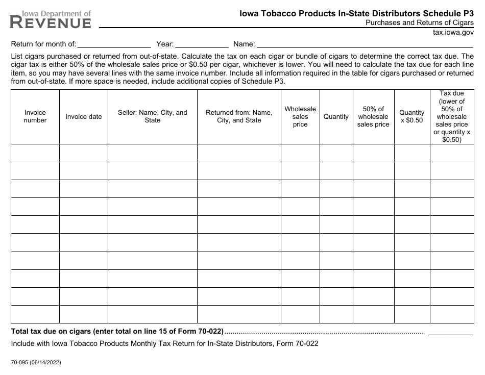 Form 70-095 Schedule P3 Iowa Tobacco Products - Purchases  Returns of Cigars - Iowa, Page 1