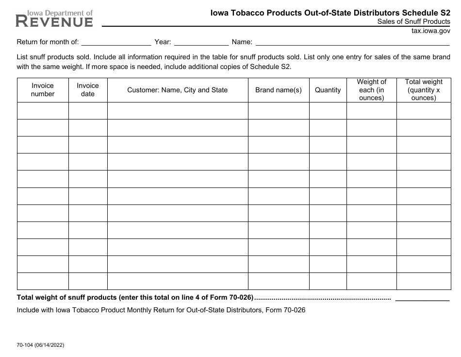 Form 70-104 Schedule S2 Iowa Tobacco Products Out-of-State Distributors - Sales of Snuff Products - Iowa, Page 1