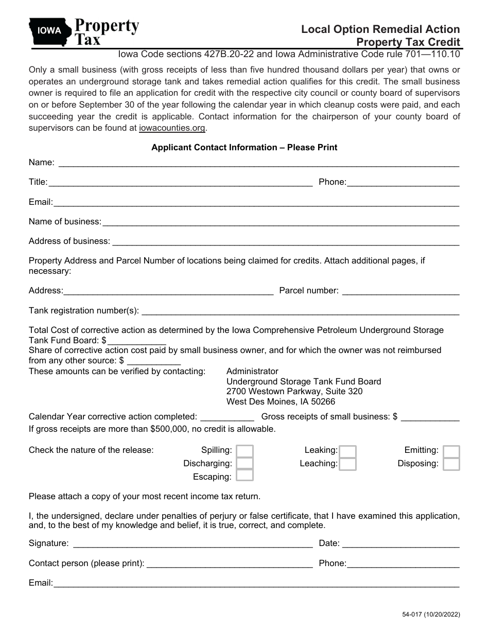 Form 54-017 Local Option Remedial Action Property Tax Credit - Iowa, Page 1