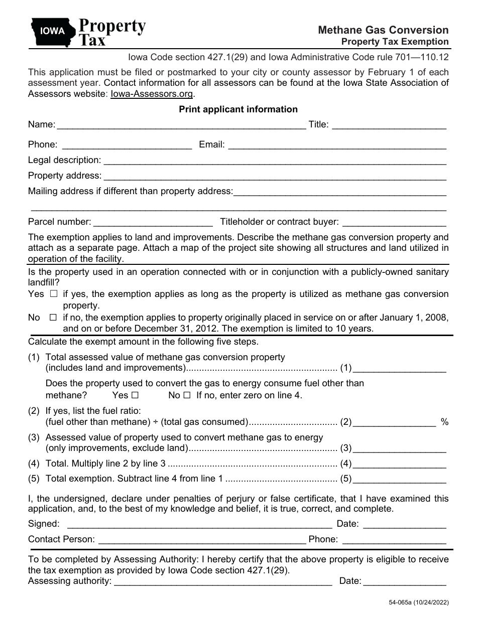Form 54-065 Methane Gas Conversion Property Tax Exemption - Iowa, Page 1