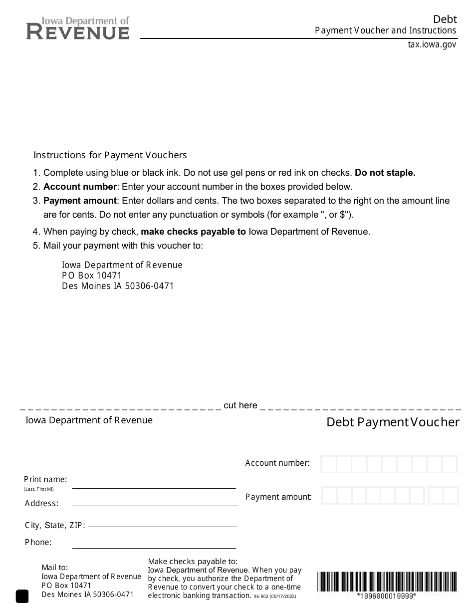 Form 96-802 Non-tax Debt Payment Voucher - Iowa, Page 1