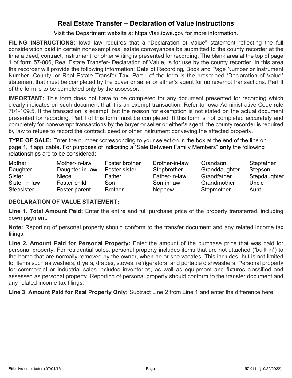 Instructions for Form 57-006 Real Estate Transfer - Declaration of Value - Iowa, Page 1