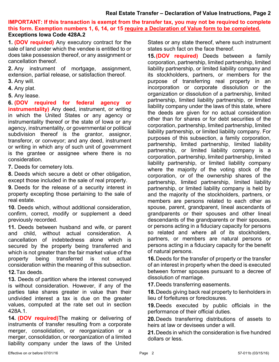 Instructions for Form 57-006 Real Estate Transfer - Declaration of Value - Iowa, Page 2