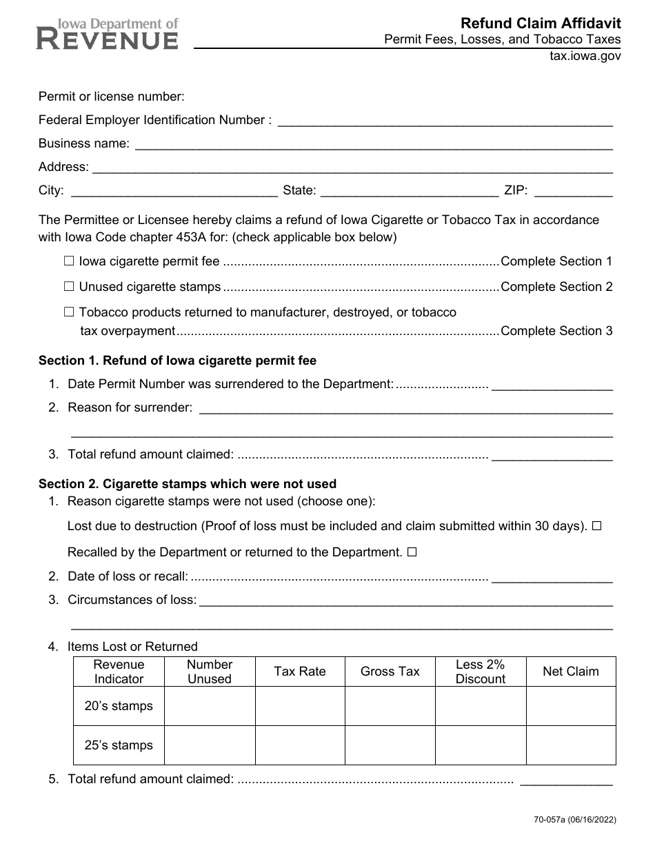 Form 70-057 Refund Claim Affidavit for Permit Fees, Losses, and Tobacco Taxes - Iowa, Page 1