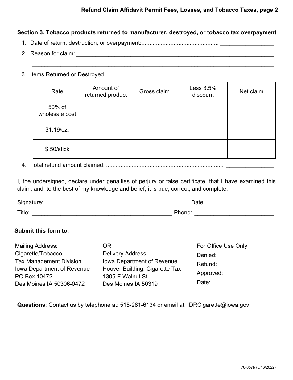 Form 70-057 Refund Claim Affidavit for Permit Fees, Losses, and Tobacco Taxes - Iowa, Page 2