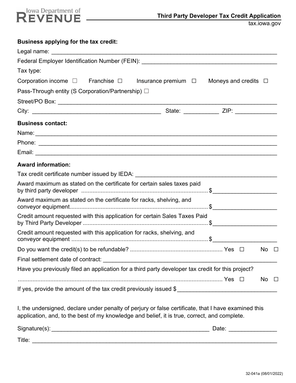 Form 32-041 Third Party Developer Tax Credit Application - Iowa, Page 1