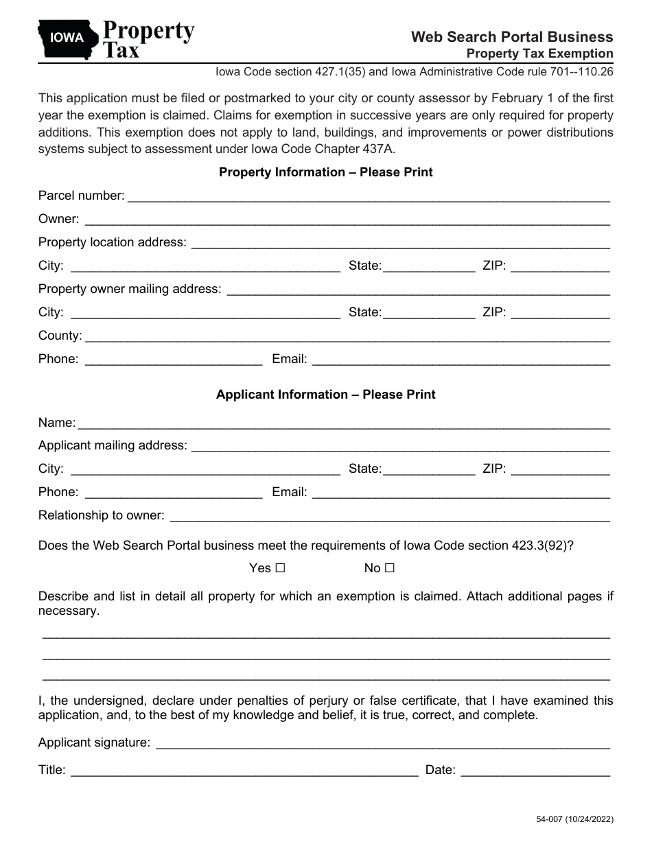 Form 54-007 Web Search Portal Business Property Tax Exemption - Iowa, Page 1