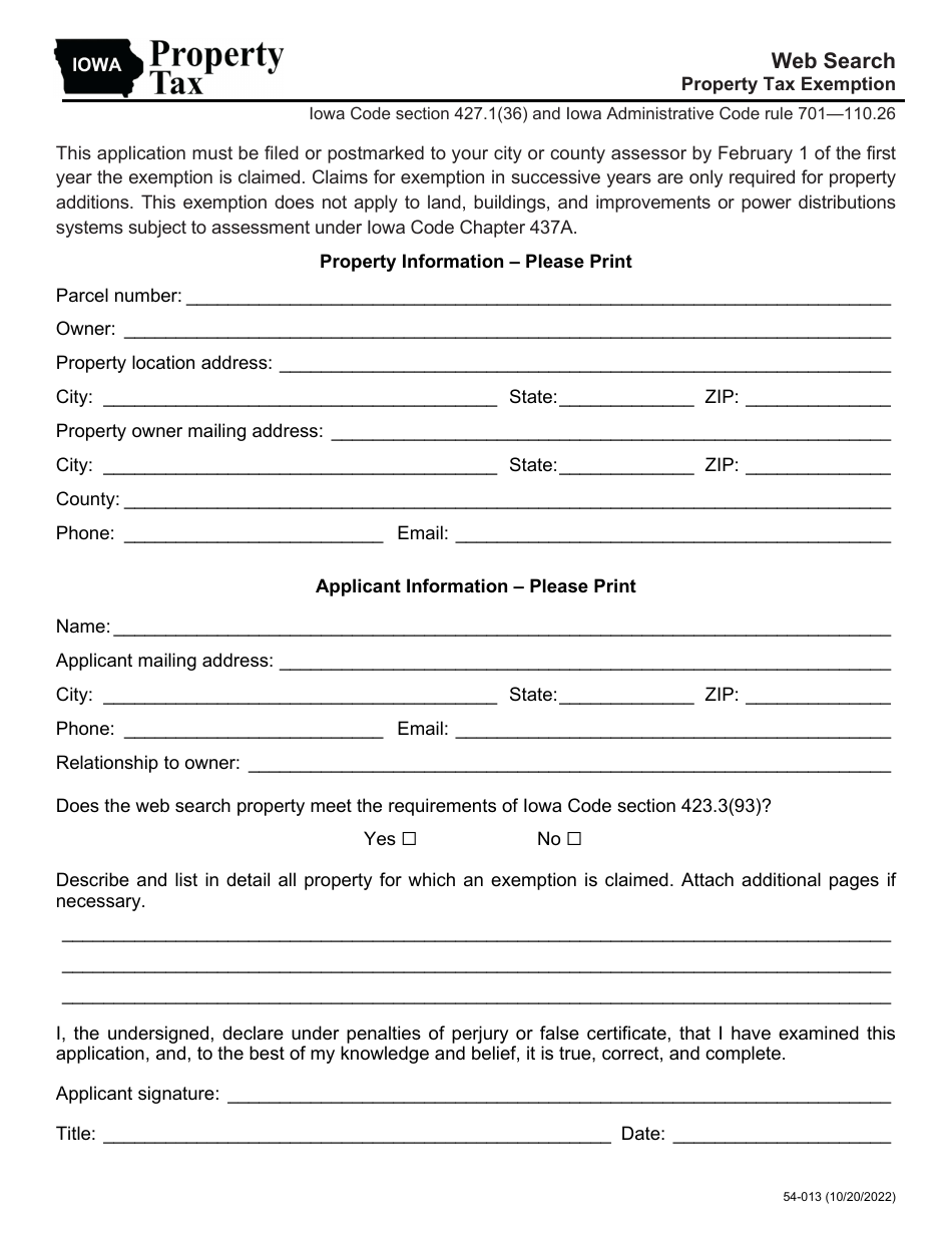 Form 54-013 Web Search Property Tax Exemption - Iowa, Page 1