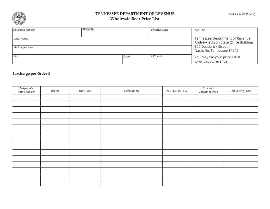 Form RV-F1306801 Wholesale Beer Price List - Tennessee, Page 1