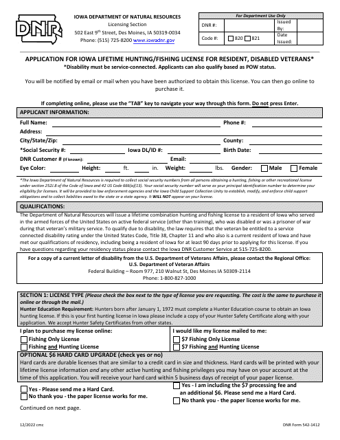 DNR Form 542-1412 Application for Iowa Lifetime Hunting/Fishing License for Resident, Disabled Veterans - Iowa