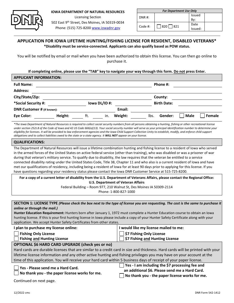 DNR Form 542-1412 Application for Iowa Lifetime Hunting / Fishing License for Resident, Disabled Veterans - Iowa, Page 1