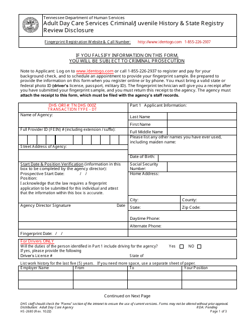 Form HS-2680 Adult Day Care Services Criminal/Juvenile History & State Registry Review Disclosure - Tennessee