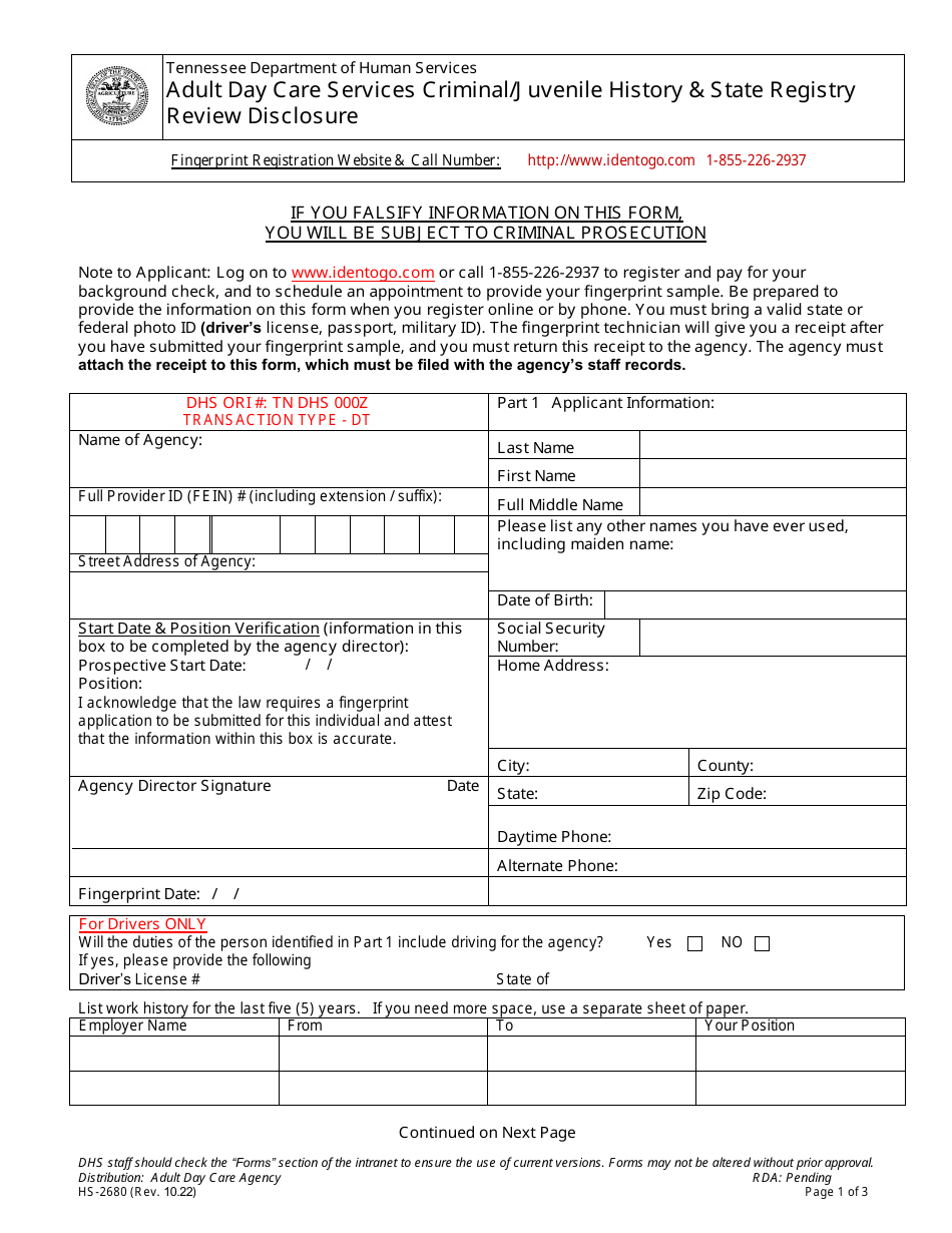 Form HS-2680 Adult Day Care Services Criminal / Juvenile History  State Registry Review Disclosure - Tennessee, Page 1