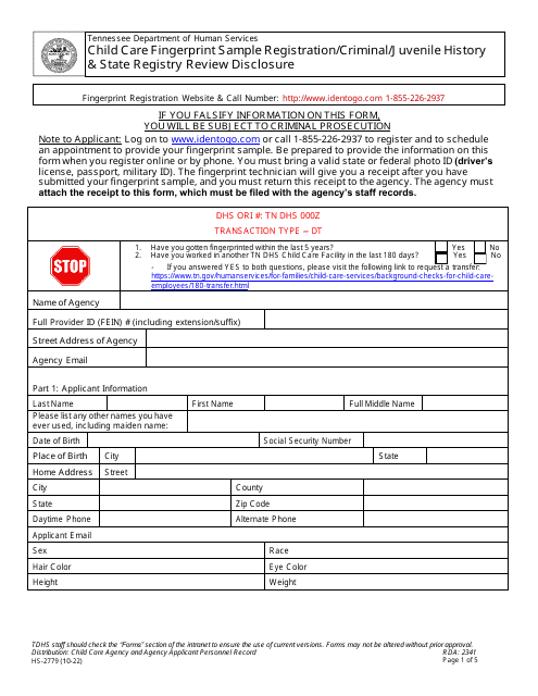 Form HS-2779 Child Care Fingerprint Sample Registration/Criminal/Juvenile History & State Registry Review Disclosure - Tennessee