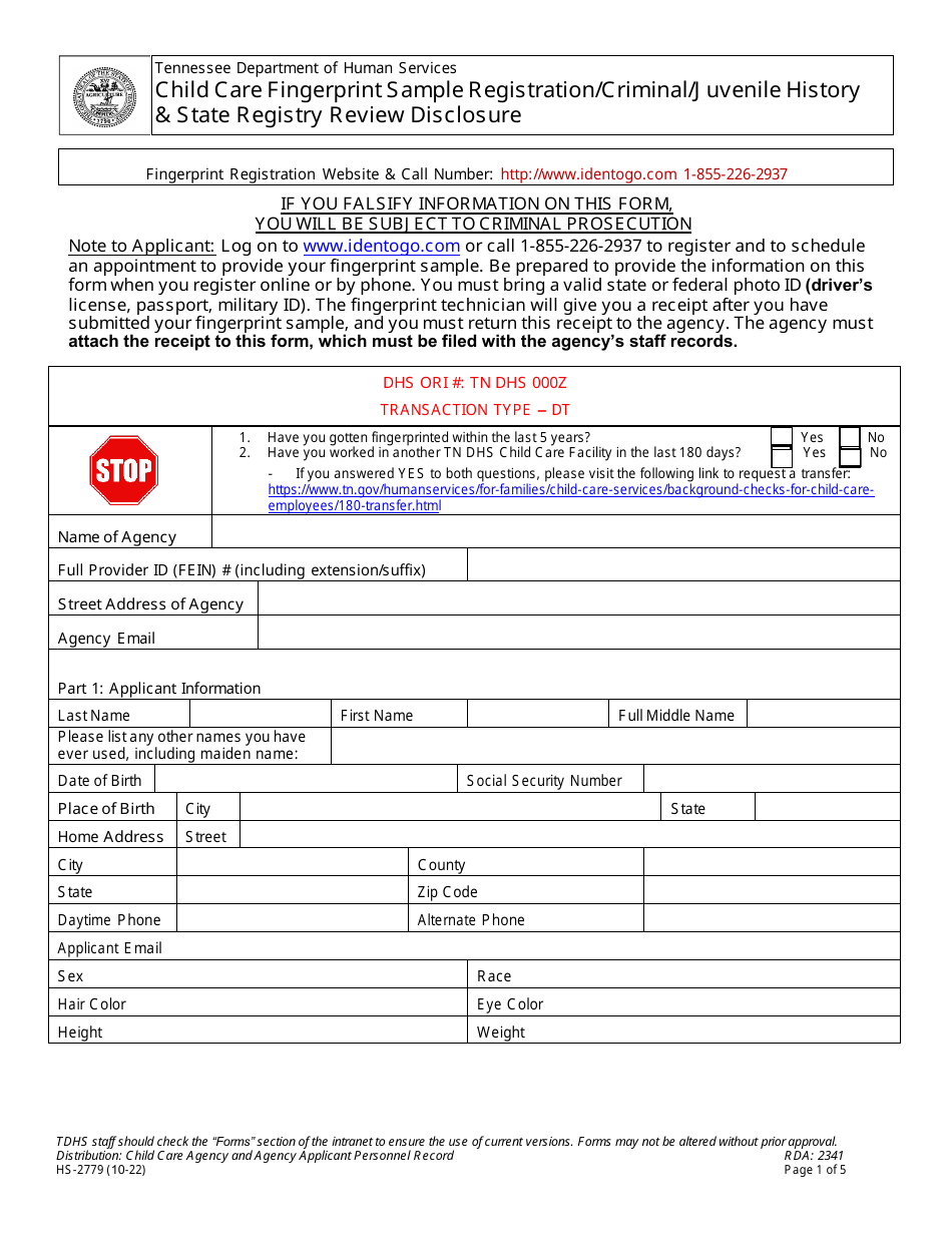 Form HS-2779 Child Care Fingerprint Sample Registration / Criminal / Juvenile History  State Registry Review Disclosure - Tennessee, Page 1