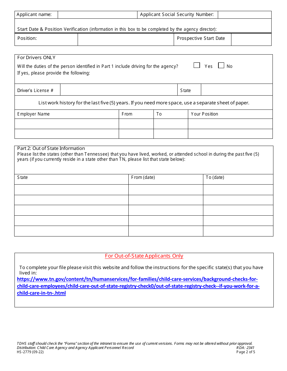 Form HS-2779 Child Care Fingerprint Sample Registration / Criminal / Juvenile History  State Registry Review Disclosure - Tennessee, Page 2