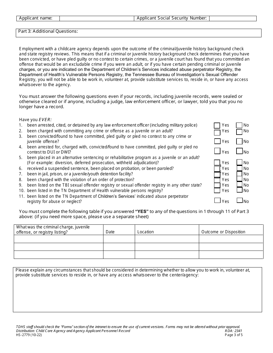 Form HS-2779 Child Care Fingerprint Sample Registration / Criminal / Juvenile History  State Registry Review Disclosure - Tennessee, Page 3