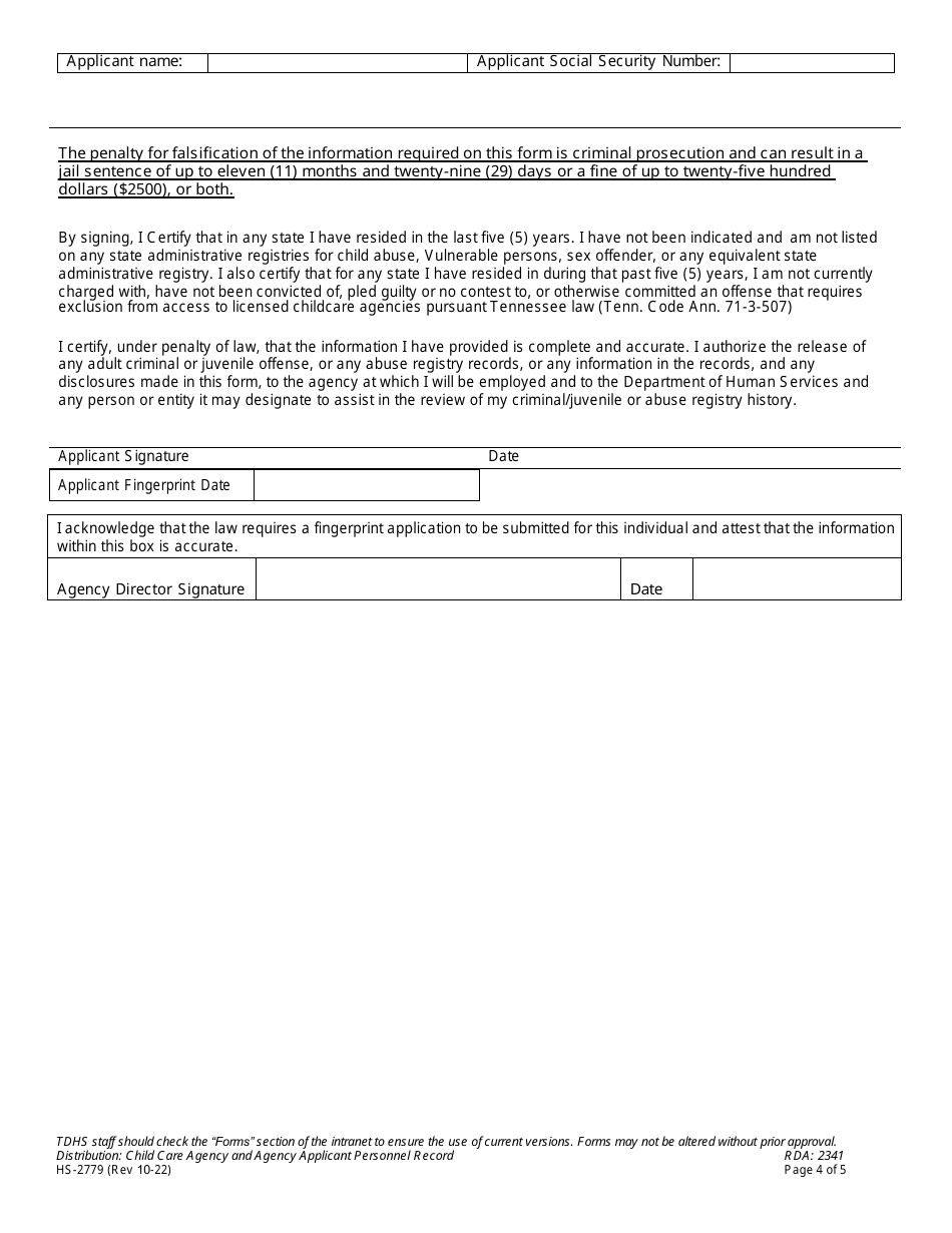 Form HS-2779 Child Care Fingerprint Sample Registration / Criminal / Juvenile History  State Registry Review Disclosure - Tennessee, Page 4