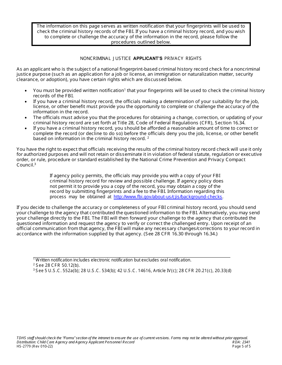 Form HS-2779 Child Care Fingerprint Sample Registration / Criminal / Juvenile History  State Registry Review Disclosure - Tennessee, Page 5