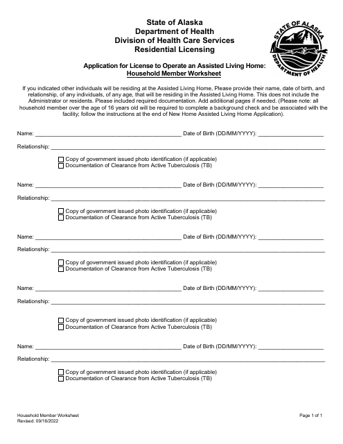 Application for License to Operate an Assisted Living Home: Household Member Worksheet - Alaska Download Pdf
