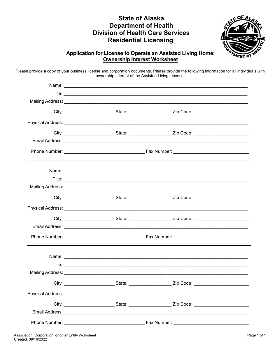Application for License to Operate an Assisted Living Home: Ownership Interest Worksheet - Alaska, Page 1
