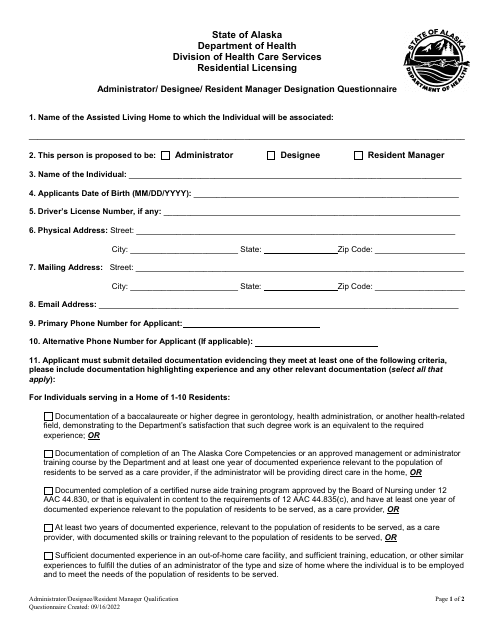 Administrator/ Designee/Resident Manager Designation Questionnaire - Alaska