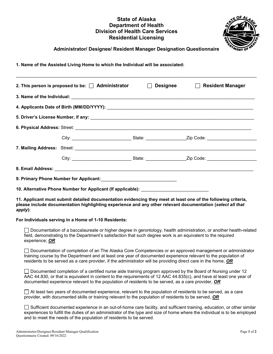 Administrator / Designee / Resident Manager Designation Questionnaire - Alaska, Page 1