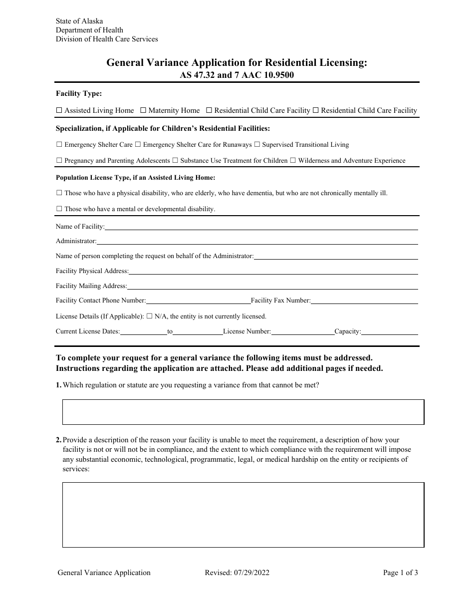 General Variance Application for Residential Licensing - Alaska, Page 1