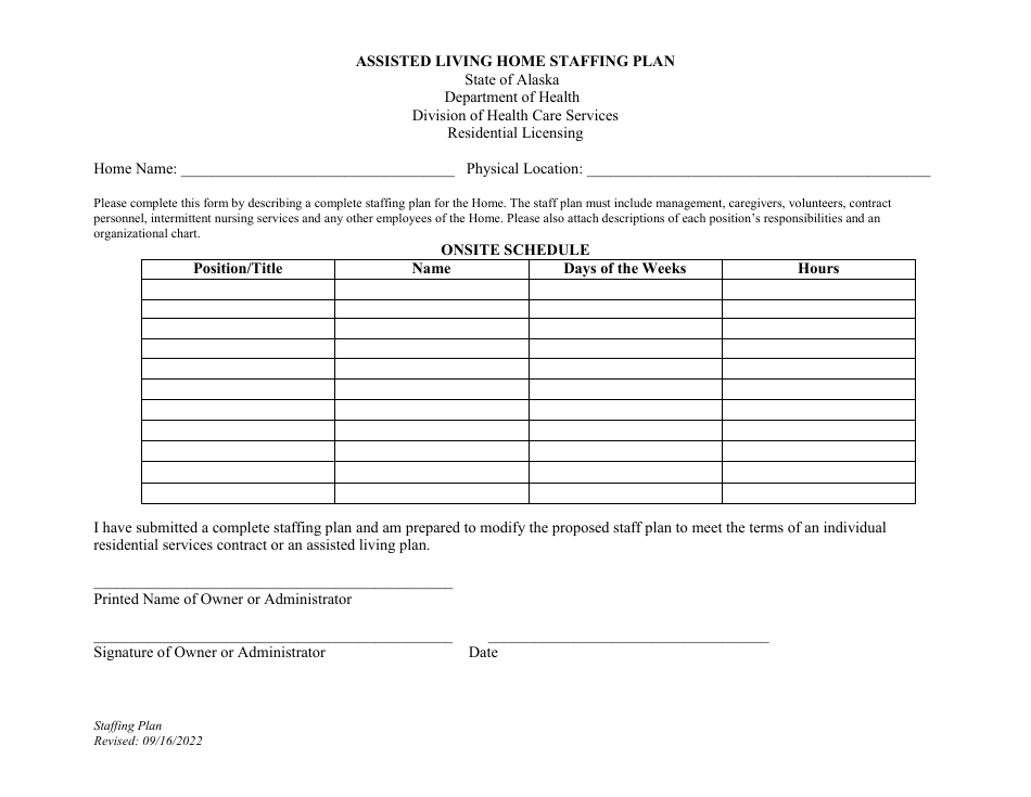 Alaska Assisted Living Home Staffing Plan Download Fillable Pdf 2020 — 2024 Templateroller 