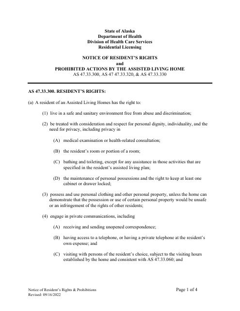 Notice of Resident's Rights and Prohibited Actions by the Assisted Living Home - Alaska Download Pdf