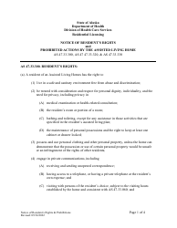 Notice of Resident&#039;s Rights and Prohibited Actions by the Assisted Living Home - Alaska